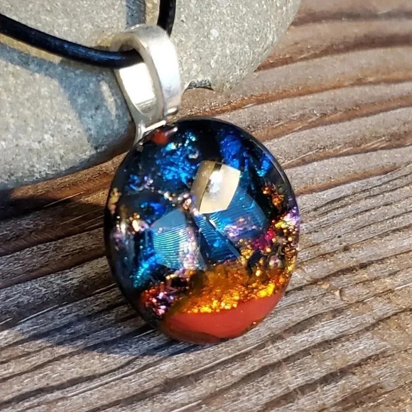 Dichroic Fused Art Glass Round Blue Red Pendant Black Leather Cord Necklace C - Picture 4 of 7